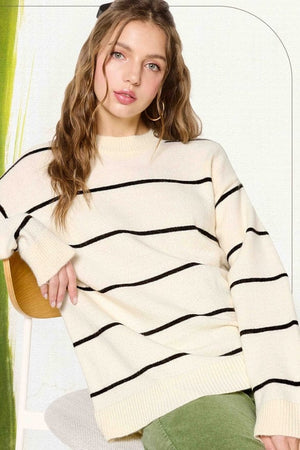 La Miel Loose Fit Striped Long Sleeve Sweater in Powder