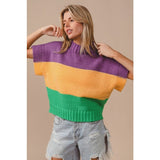 Ive Mardi Gras Color Block Drop Shoulder Short Sleeve Sweater