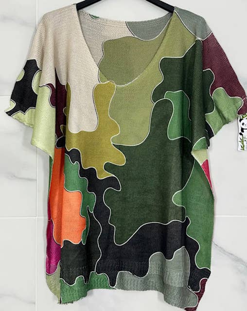 Camo Floral V-Neck Knit Printed Short Sleeves Sweater