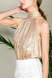 Vine & Love Metallic Halter Neck Tie Back Blouse in Gold