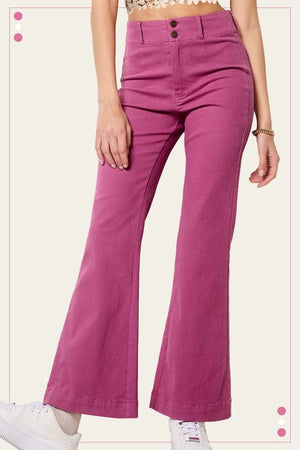 La Miel Soft Washed Stretchy High Waisted Wide Flare Two Button Pants in Magenta