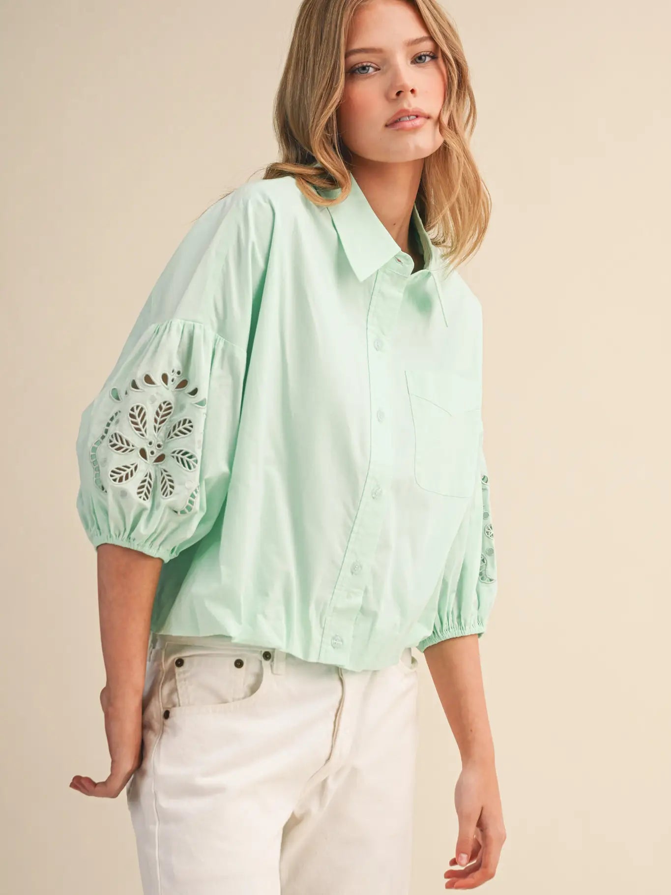 Eyelet Embroidered Puffy Sleeve Button Dow Top in Jelly Mint