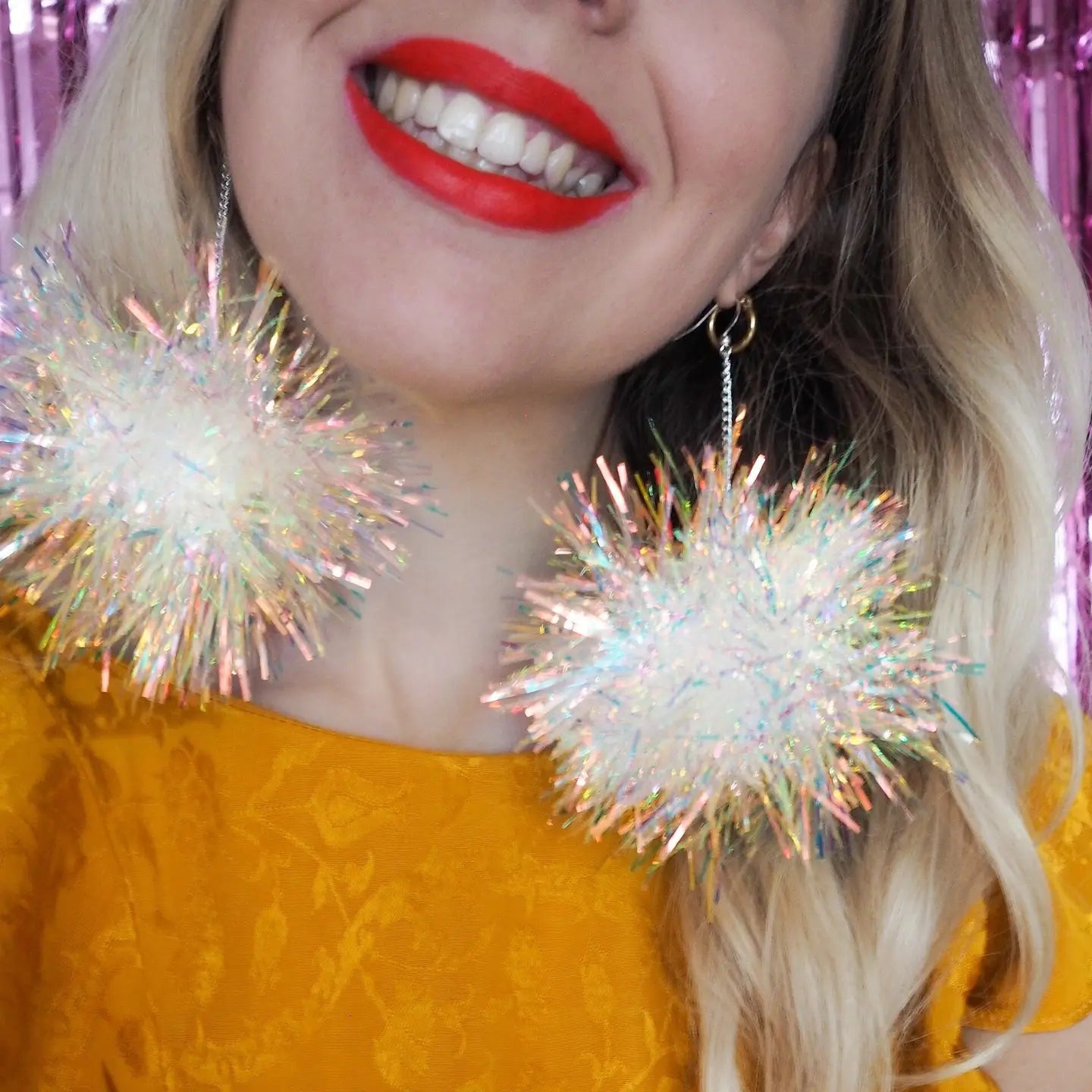 Fat Pom Poms Iridescent Tinsel Earrings - Little Miss Muffin Children & Home