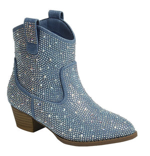 Girl's Rhinestone Western Cowboy Booties in Blue Denim