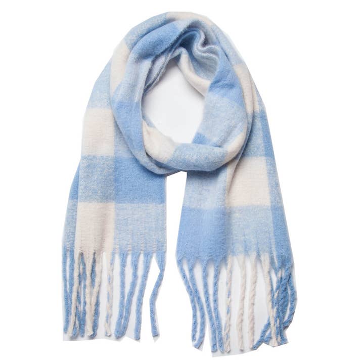 Light Blue Chunky Plaid Mohair-Look Scarf with Fringe