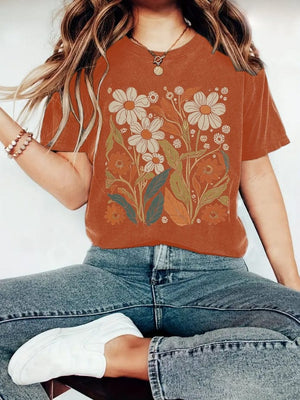 Rosa Clothing Botanical Floral Wildflower Short Sleeve Basic T-Shirt in Rust