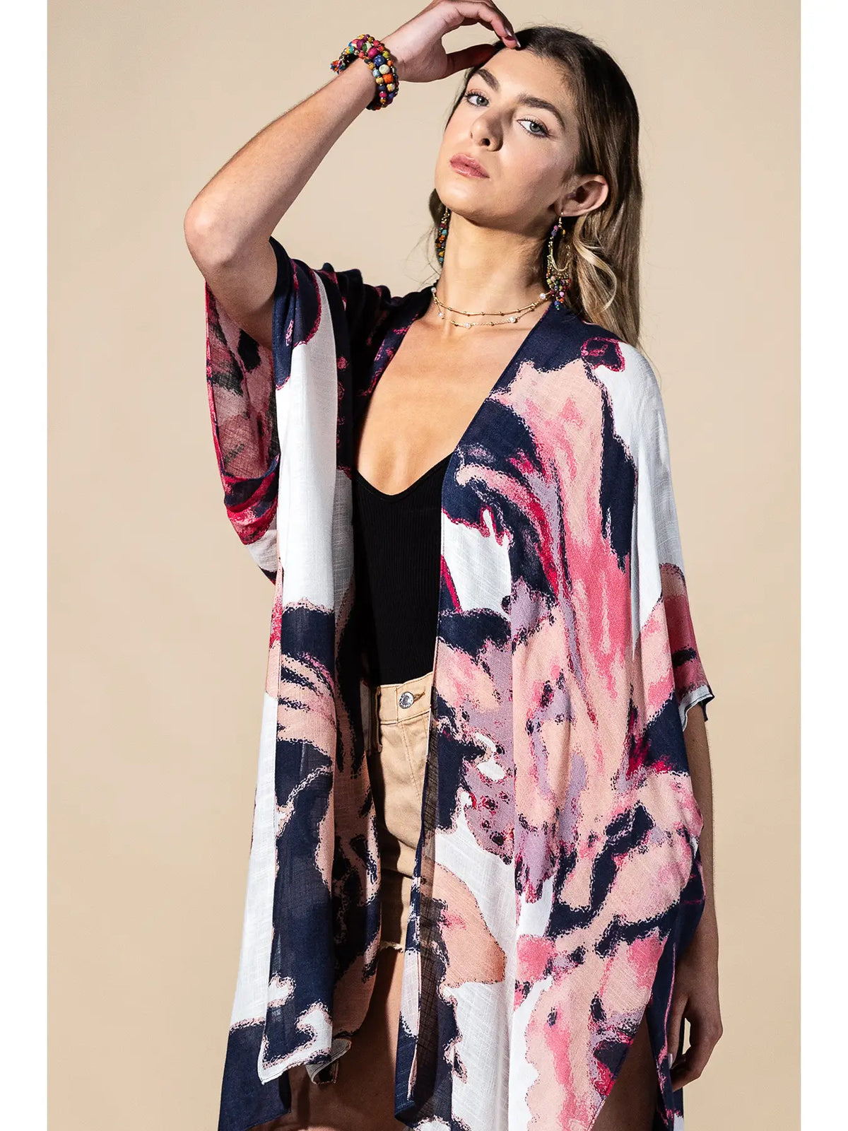 Coral Multi Painted Bloom Viscose Kimono