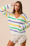 Vanilla Monkey Mardi Gras Striped V-Neck Shaggy Sweater