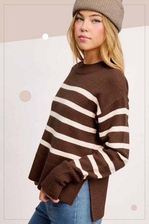 La Miel Striped Mock Neck Dolman Sleeve Loose Fit Sweater in Fudge