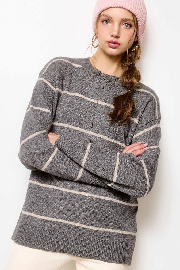 La Miel La Miel Loose Fit Striped Long Sleeve Sweater in Pebble - Little Miss Muffin Children & Home