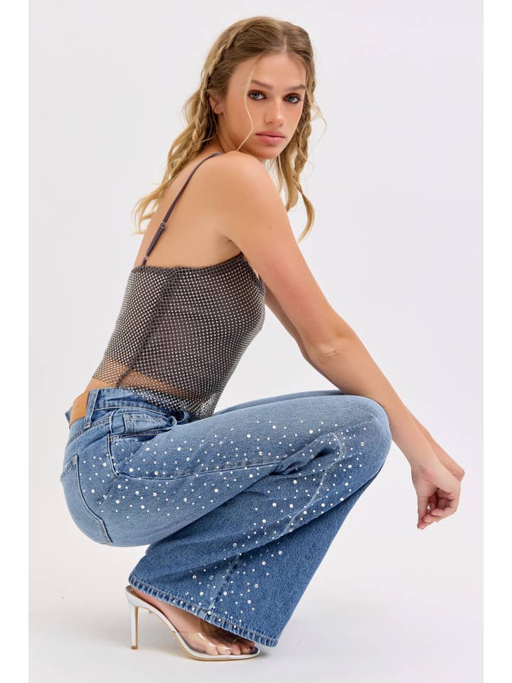 High Rise Wide Leg Jeans with Rhinestone Trim