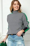 Cezele Herringbone Turtleneck Knit Sweater with Green Stripe