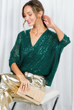 Vine & Love Allover Sequin V-Neck Dolman Sleeve Blouse in Hunter Green