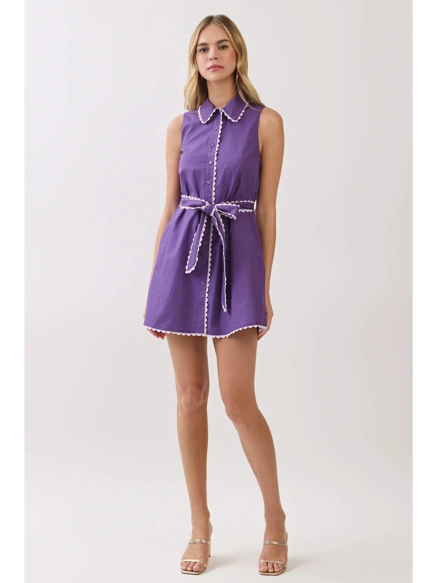 Scallop Trim Sleeveless Mini Shirt Dress with Sash Belt