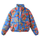 Rosa Clothing Color-Block Floral Print Padded Jacket in Blue