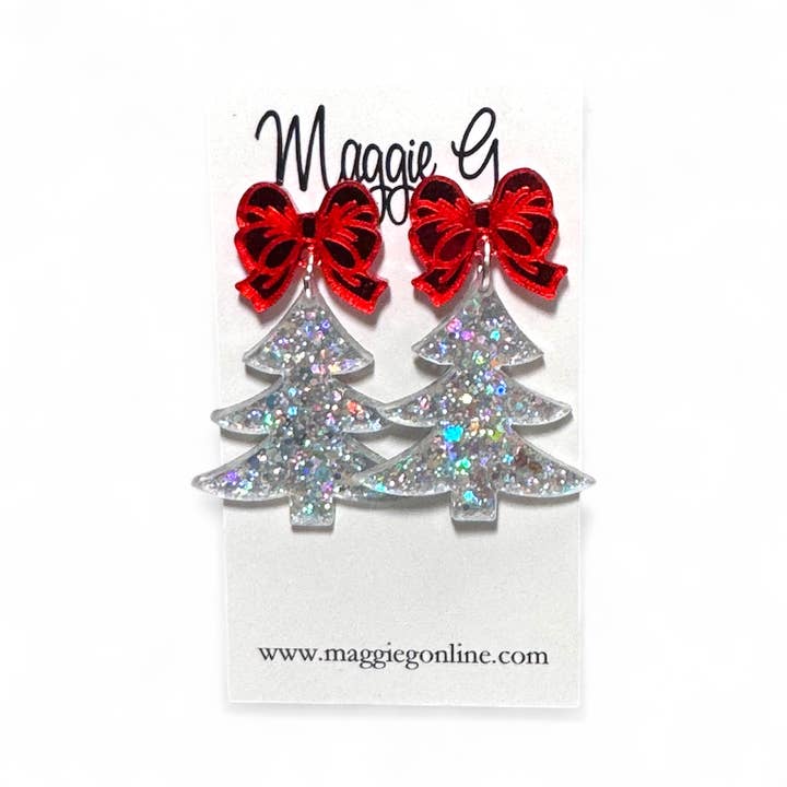 Christmas Tree Red Bow Handmade Earrings