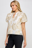 Ellison Gold Foiled V-Neck Puff Sleeve Top Gold