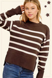 La Miel Striped Mock Neck Dolman Sleeve Loose Fit Sweater in Fudge