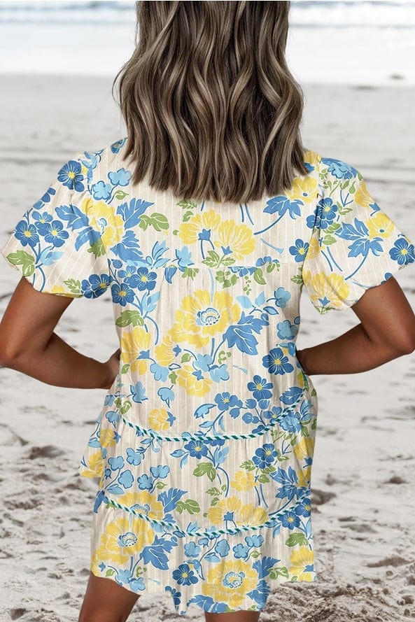 Aapparella Aapparella Floral Striped Trim Puff Short Sleeve Dress - Little Miss Muffin Children & Home