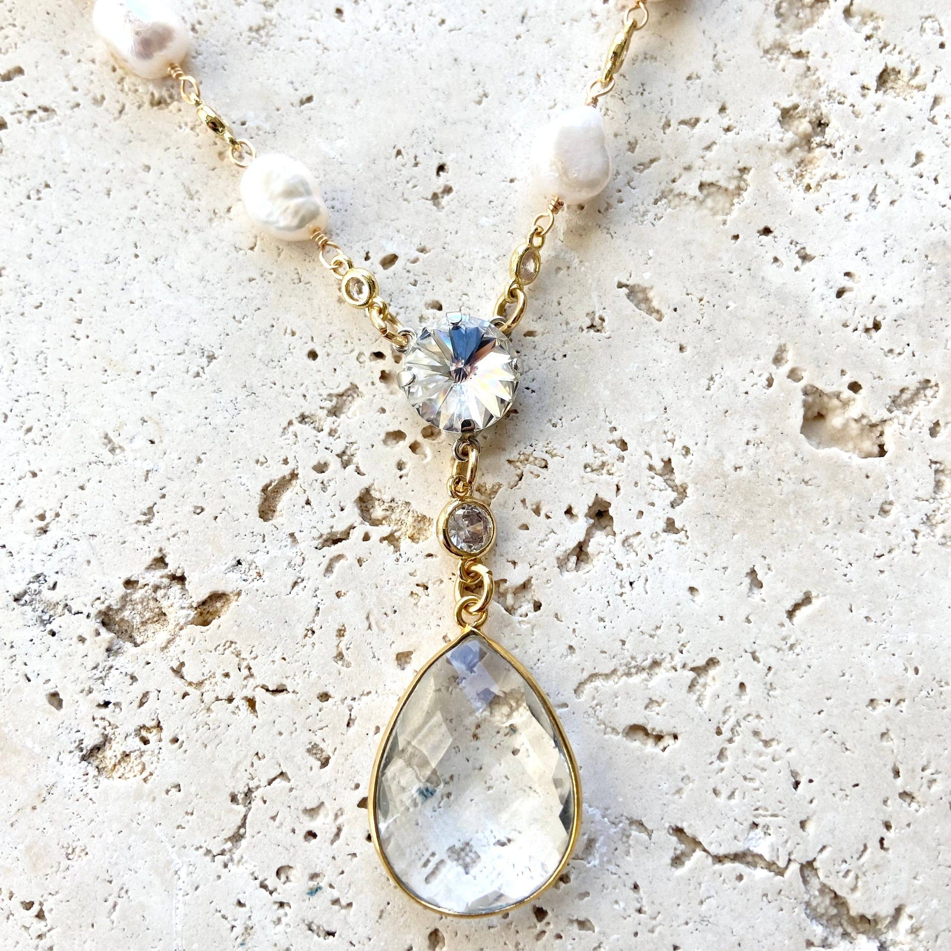 VB&CO Designs Handmade Jewelry VB&CO Pearl Necklace with Crystal Quartz Pendant Gold Boutique - Little Miss Muffin Children & Home