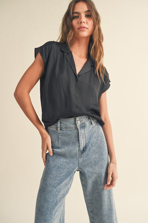 Miou Muse Button Down Cap Sleeve Shirt in Black