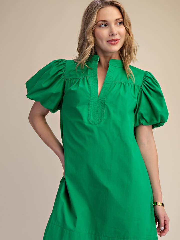 V-Neck Bubble Sleeve Mini Dress in Green