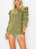 Cezele Ruffle Sleeve French Terry Sweatshirt in Olive