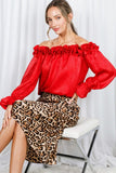 Vine & Love Ruffle Off-the-Shoulder Metallic Blouse in Red