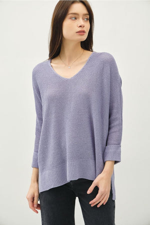 Be Cool V-Neck Sweater with Side Slits in Slate Blue