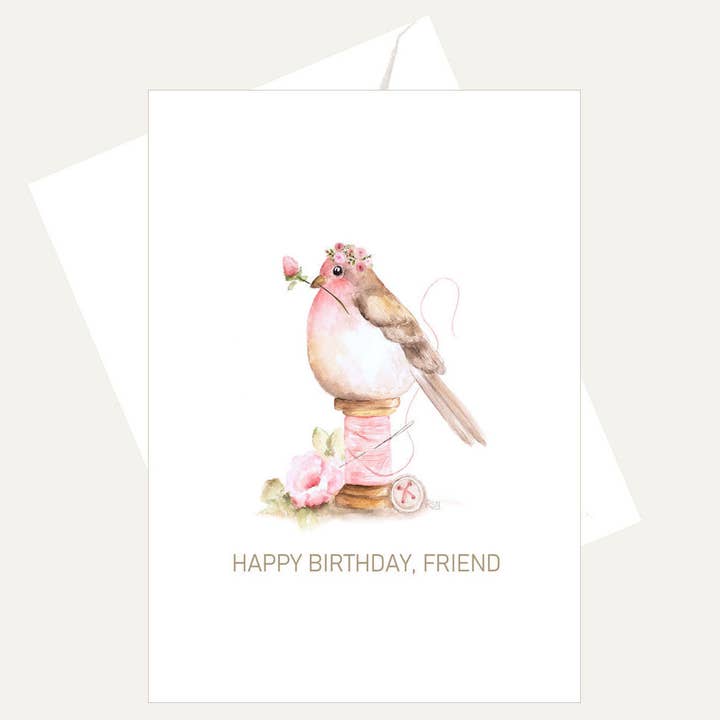 Greeting card with a bird illustration and 'Happy Birthday, Friend' text on a white background