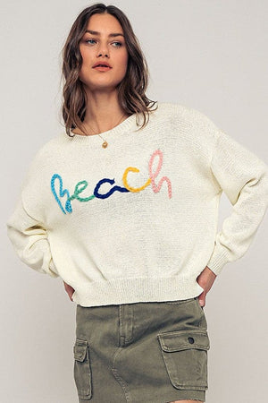 Urban Daizy Beach Embroidered Crochet Knit Sweater in Ivory