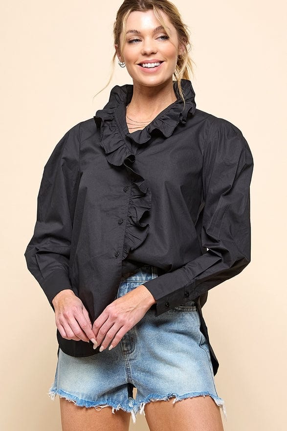 Cezele Cezele Ruffle Collar Button Down Blouse in Black - Little Miss Muffin Children & Home