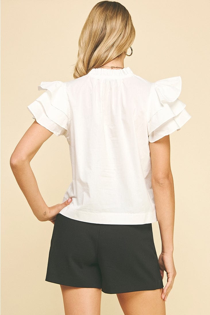 Pinch Ruffle Sleeve V-Neck Short Sleeve Blouse in Off White - Little Miss Muffin Children & Home
