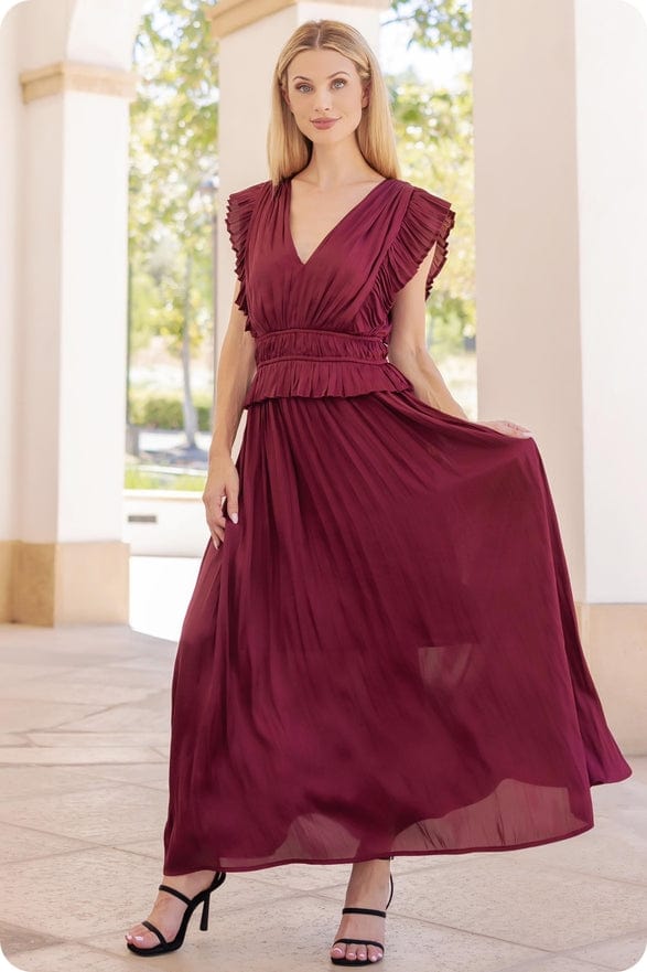 Strut & Bolt Strut & Bolt Sleeveless Pleated Long Satin Dress in Burgundy - Little Miss Muffin Children & Home