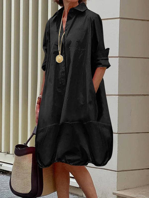 Long Sleeves Loose Black Lapel Collar Midi Shirt Dress