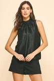 Pinch Ribbon Back Tie Ruffle Neck Sleeveless Top