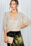 Vine & Love Allover Sequin V-Neck Dolman Sleeve Blouse in Gold