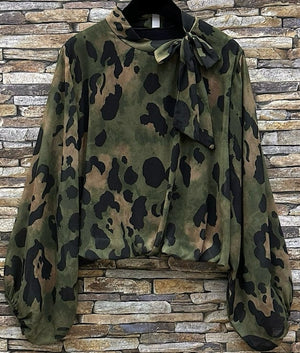 Loowie Camo Print Bow Tie Neck Blouse