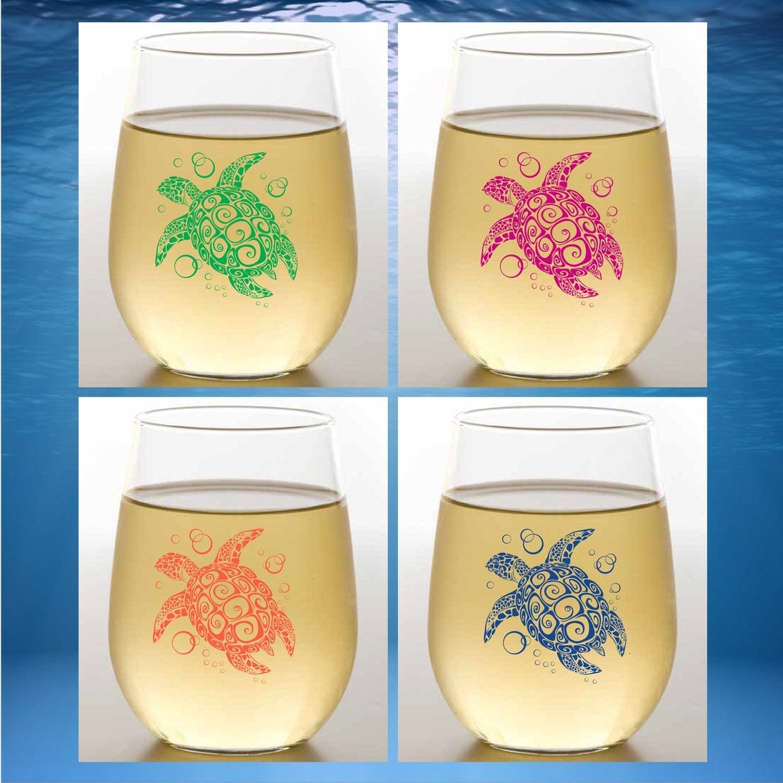 Sea Turtle Unbreakable Stemless Tritan Plastic Wine Glasses, Set of 4