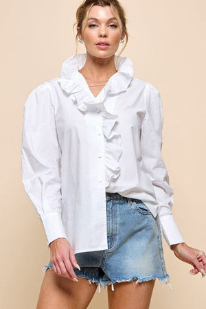 Cezele Ruffle Collar Button Down Blouse in White