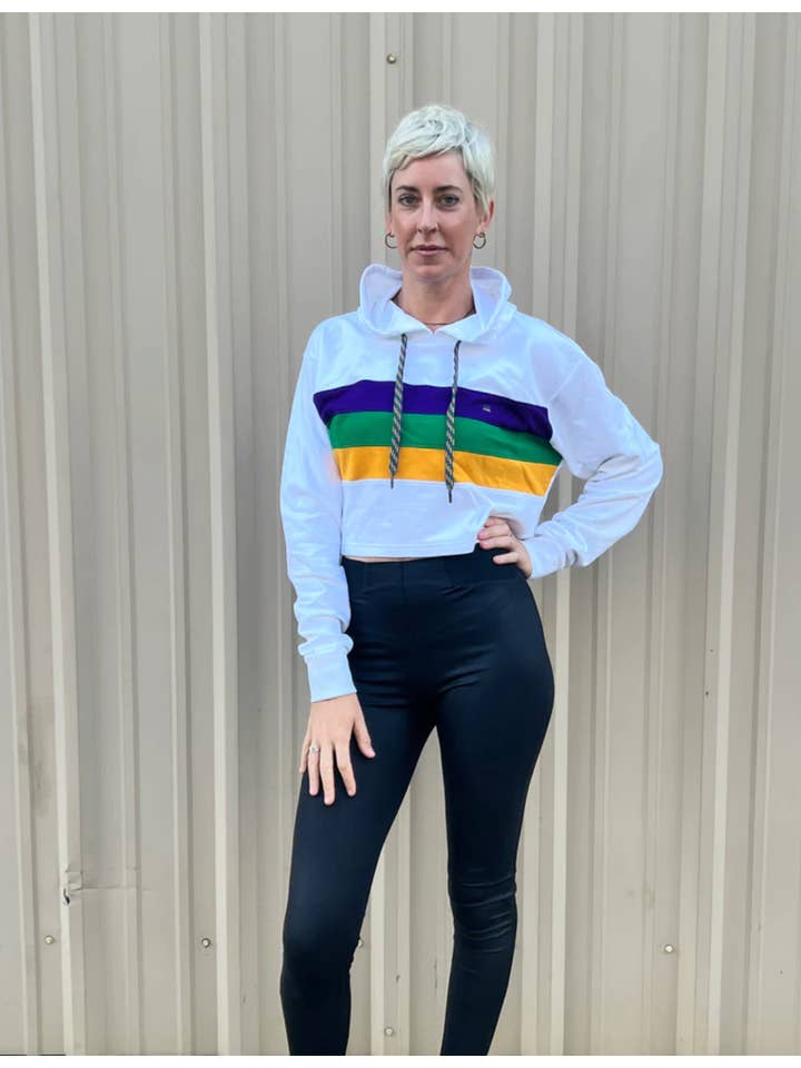 White Chest Stripe Cropped Pullover Hoodie