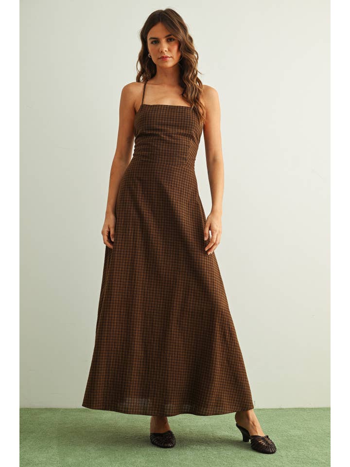 Miou Muse Gingham Halter Maxi Dress Brown - Little Miss Muffin Children & Home