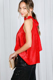 Vine & Love Metallic Halter Neck Tie Back Blouse in Red