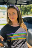 Mardi Gras Creations Adult Sequin Stripe French Terry Short Sleeve Shirt - Black