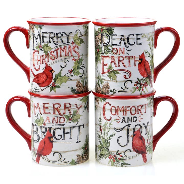 ever green christmas mug with cardinal