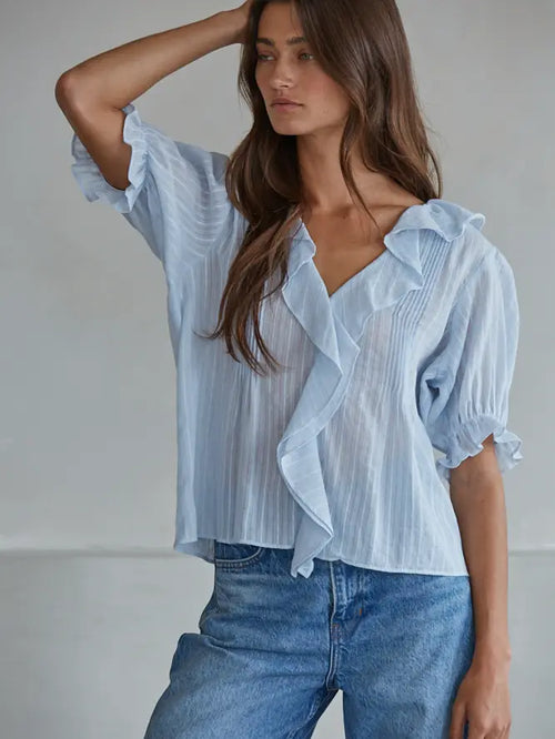 Ruffle Trim V-Neck Button Down Blouse