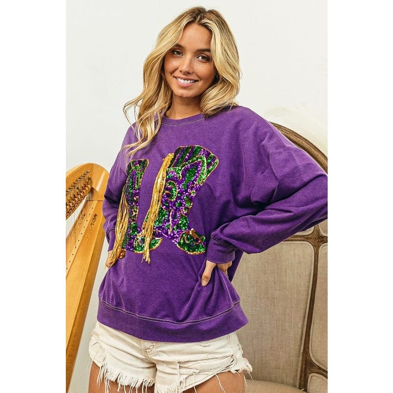 Ive Ive Sequin Mardi Gras Boots with Fringe Trim Pullover in Vintage Violet - Little Miss Muffin Children & Home