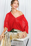 Vine & Love Allover Sequin V-Neck Dolman Sleeve Blouse in Red