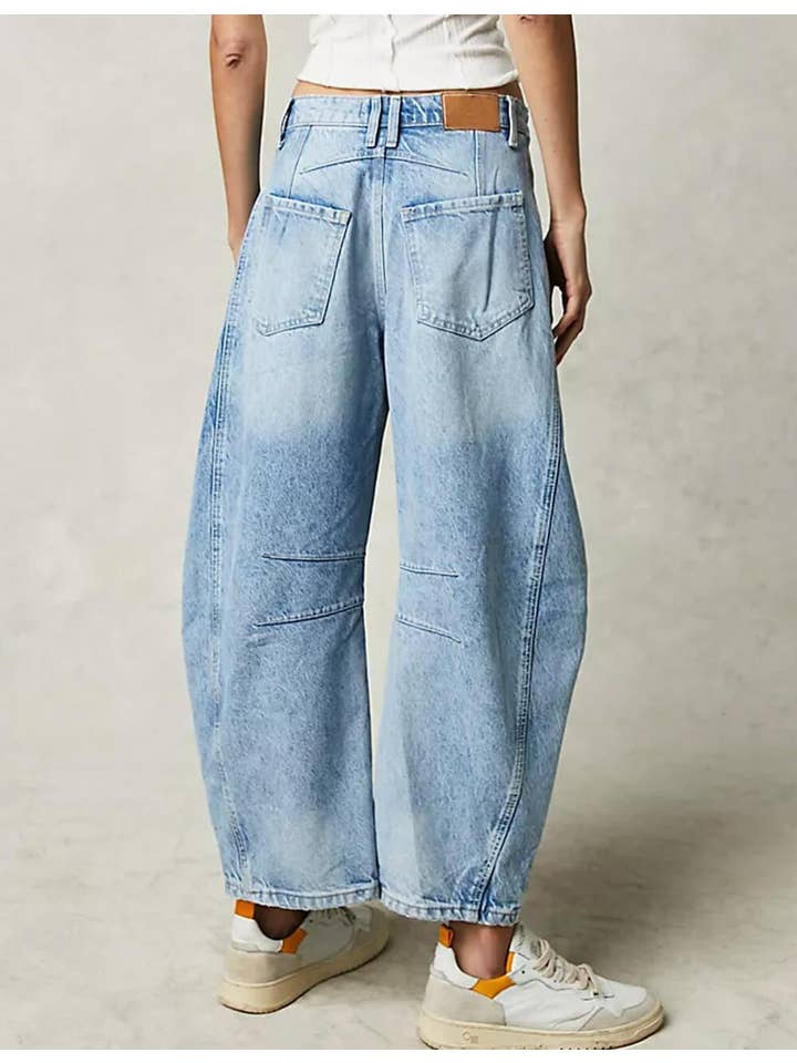 Misty Blue Ladies Mid Rise Wide Leg Barrel Jeans