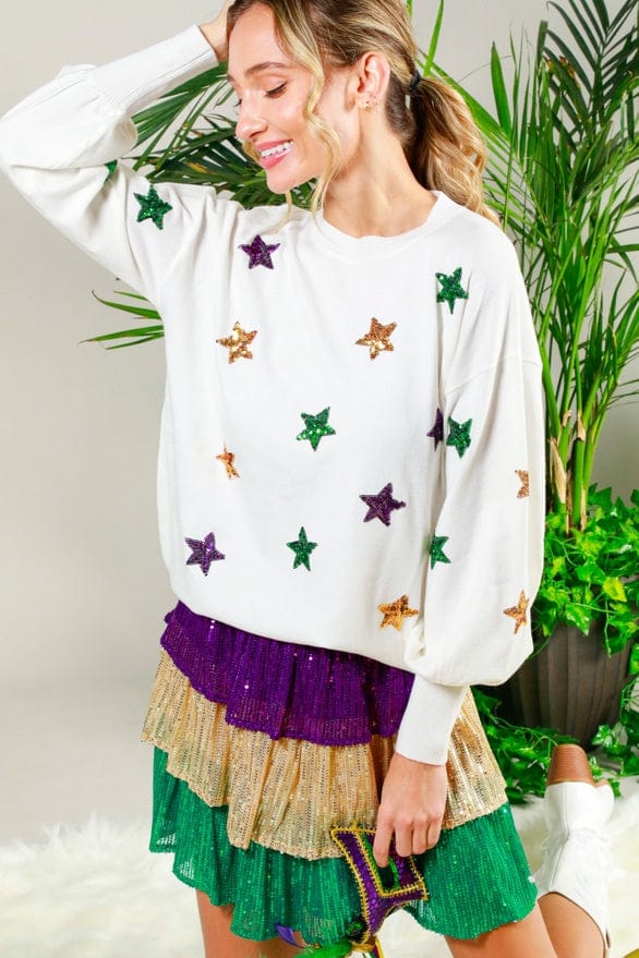 Vine & Love Vine & Love Balloon Sleeve Mardi Gras Sequin Stars Sweater - Little Miss Muffin Children & Home